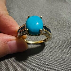 D’Joy Turquoise Sapphire Ring 18K Gold Vermeil 925 Silver Size 8